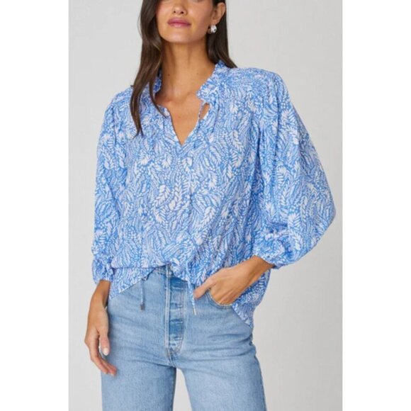 Shoshanna Tops - Shoshanna Milani Blue White Leaf Print Blouse tie neck tassels viscose top LARGE